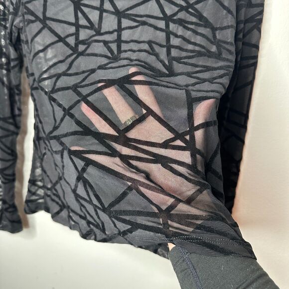 Jet Black Geometric Stripe Sheer Mesh Long Sleeve Mock Neck Stretch Blouse M - Picture 5 of 11